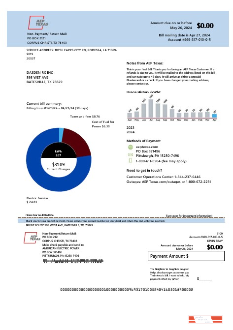 USA AEP Texas electricity business utility bill template in Word and PDF formats